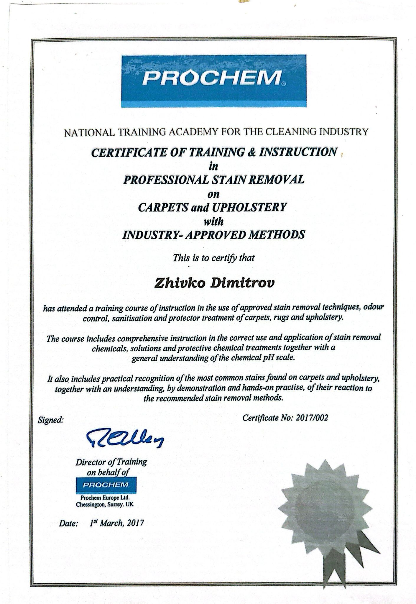 Prochem carpet stain removal certified