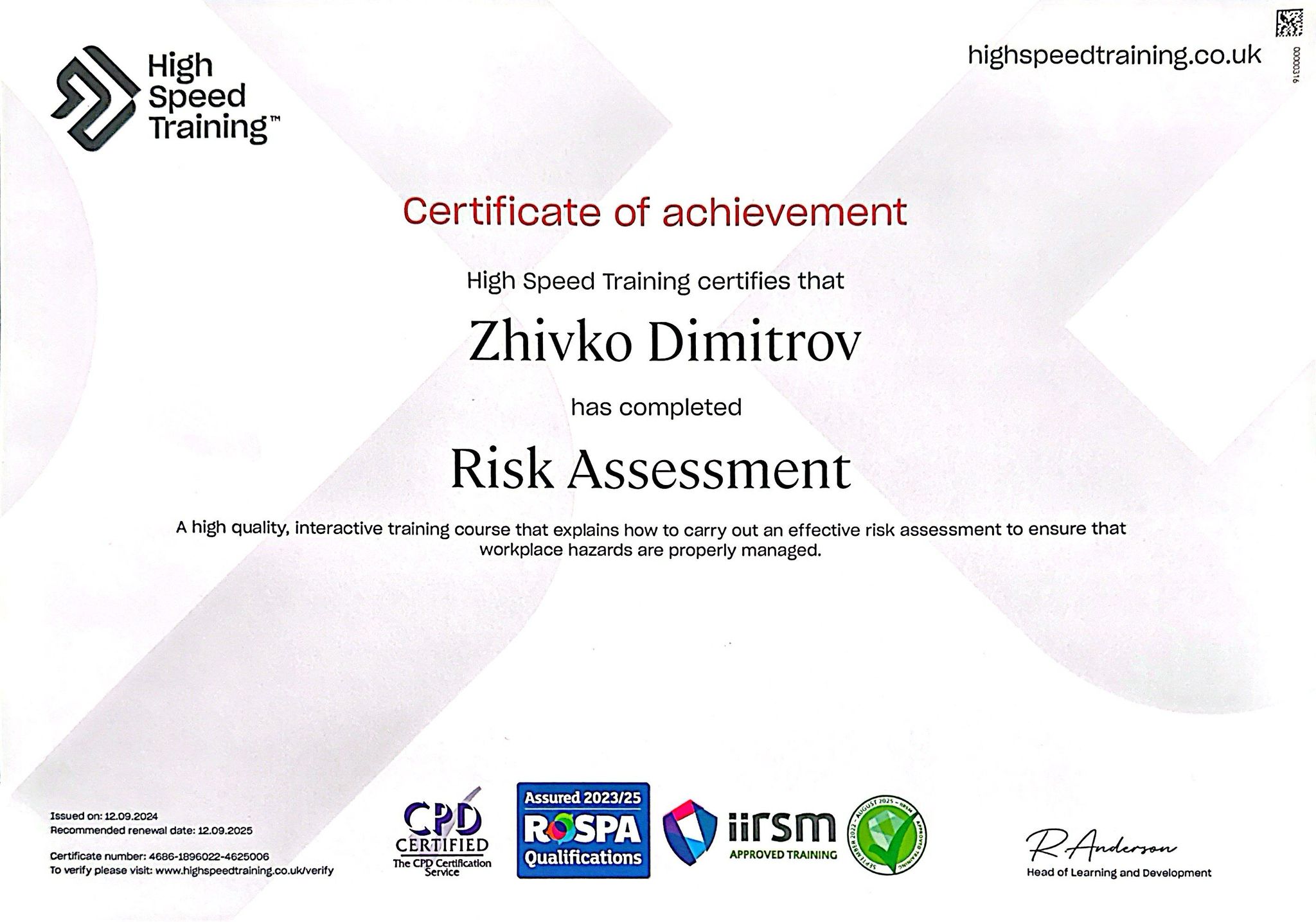 Risk assessment for workplace hazards